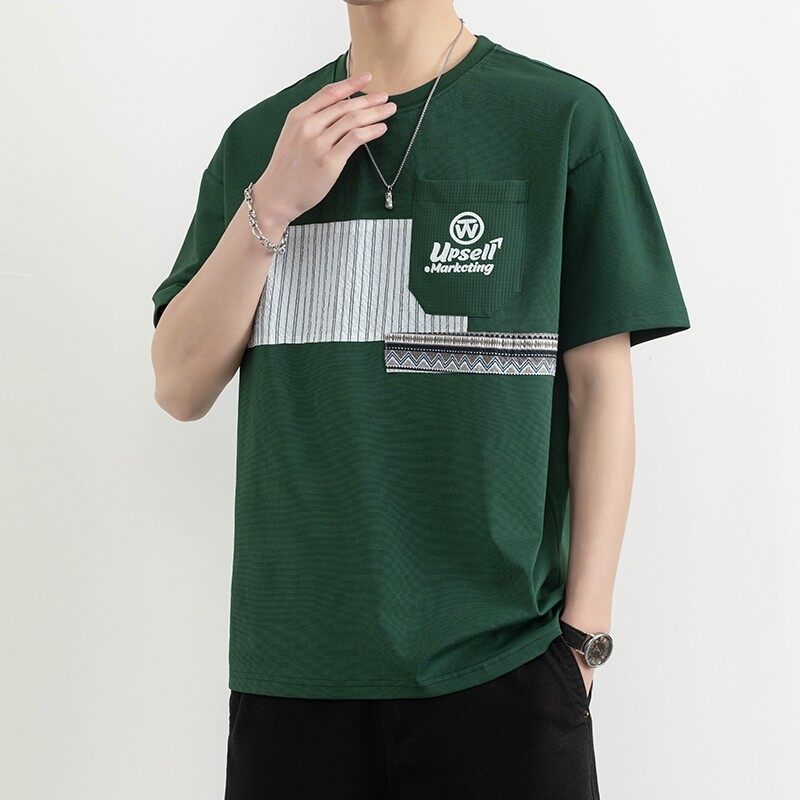 25166-特P40夏季休闲时尚圆领T恤男打底衫个性拼接撞色短袖t恤男,男装T恤,电商D310（原电商305）