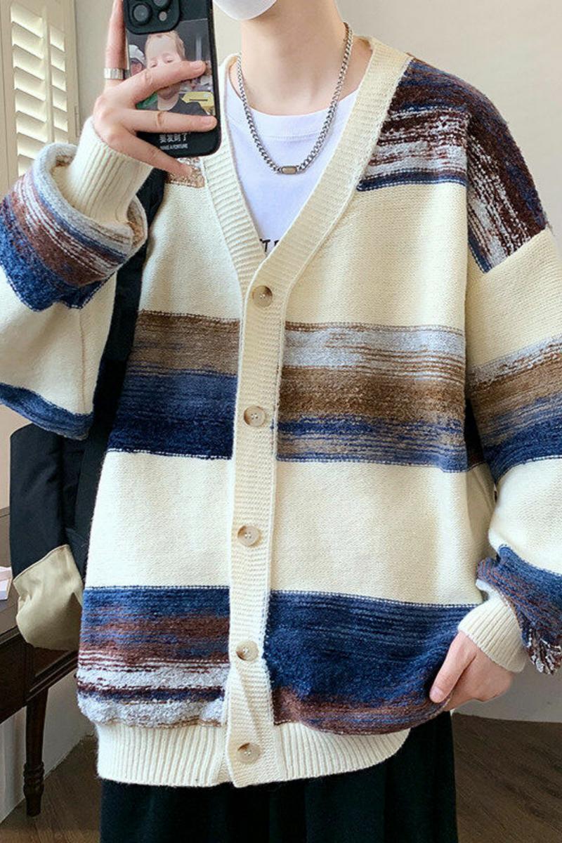 84861-特P65开衫毛衣男新款潮牌渐变条纹宽松情侣针织衫外套,男装针织衫/毛衣,电商D310（原电商305）
