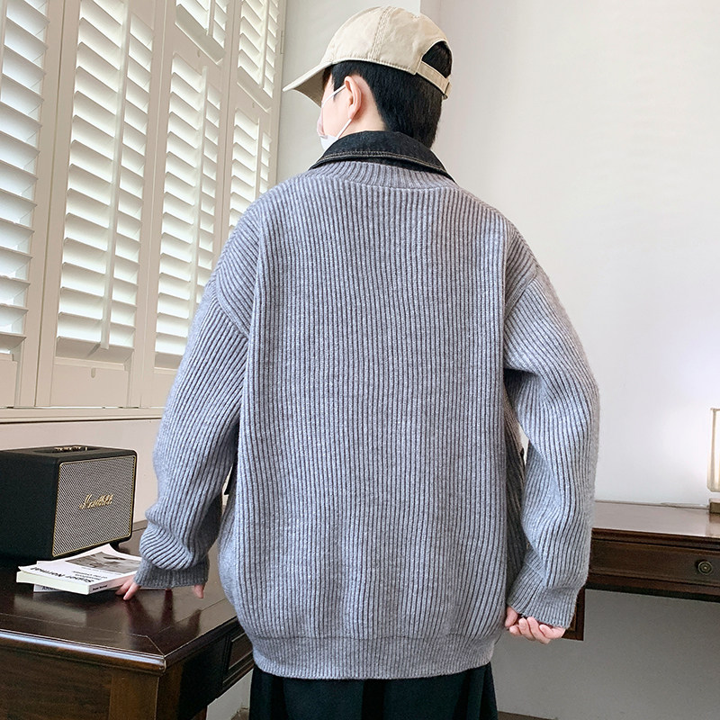 现货84877-特P88秋冬新款针织开衫毛衣男外套假两件拼接港风,男装针织衫/毛衣,电商D310（原电商305）