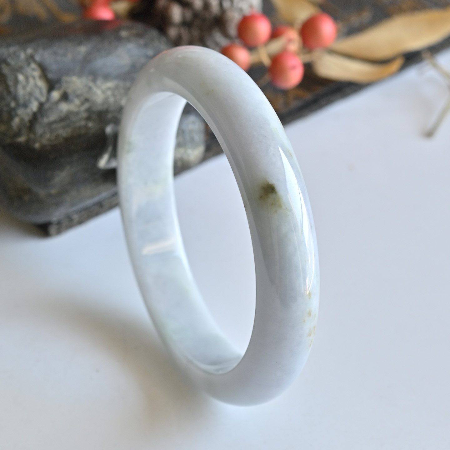 一物一图清仓天然A货翡翠手镯糯种洒金玉镯子少女54.3缅甸玉手镯