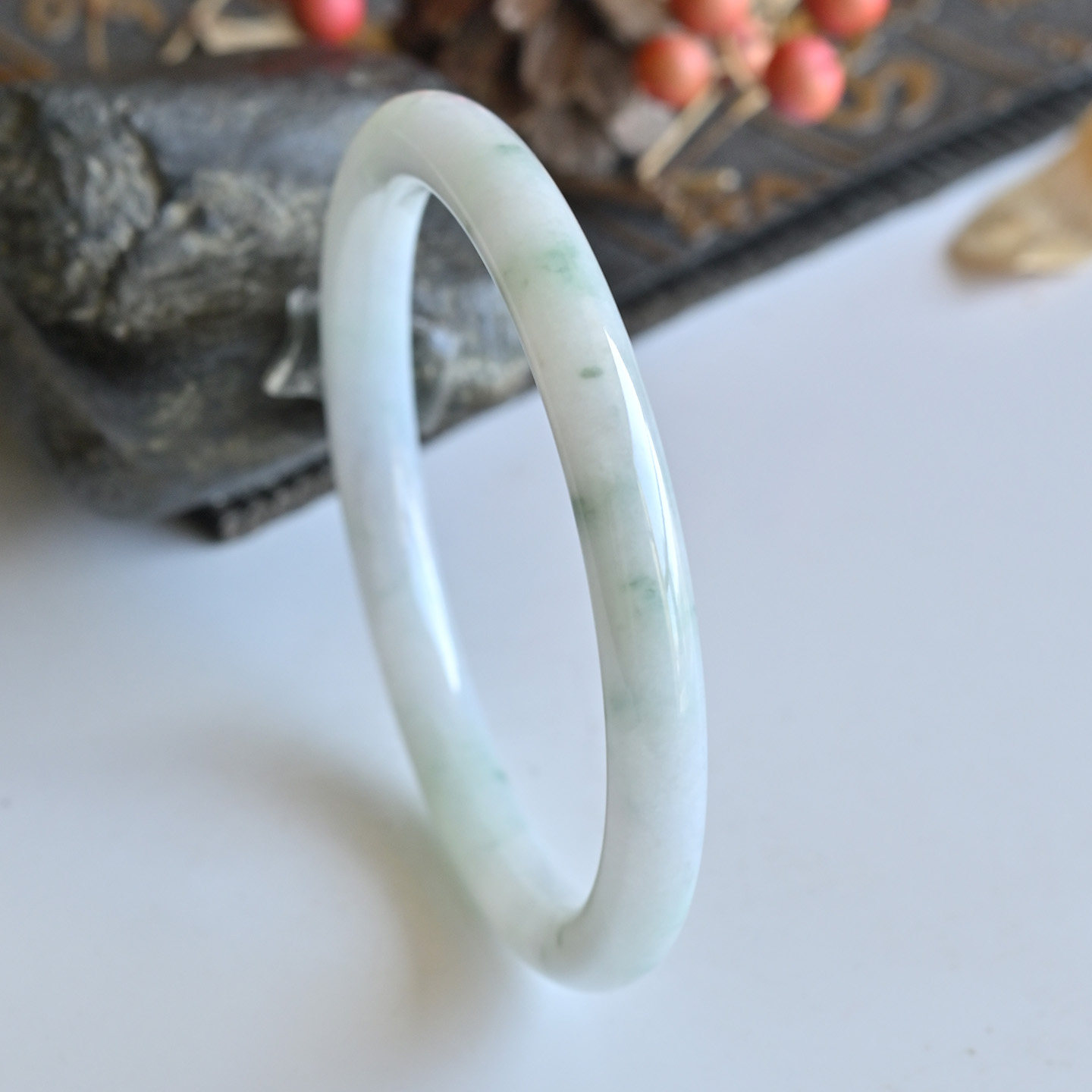 清仓天然A货翡翠手镯叮当镯冰糯种飘花玉镯子57.6缅甸玉手镯圆条