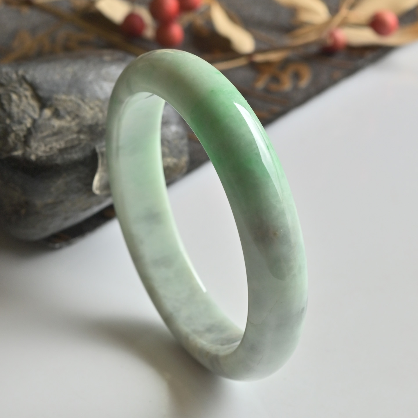 清仓天然A货翡翠手镯糯种玉镯子女款54.7缅甸玉石手镯一物一图