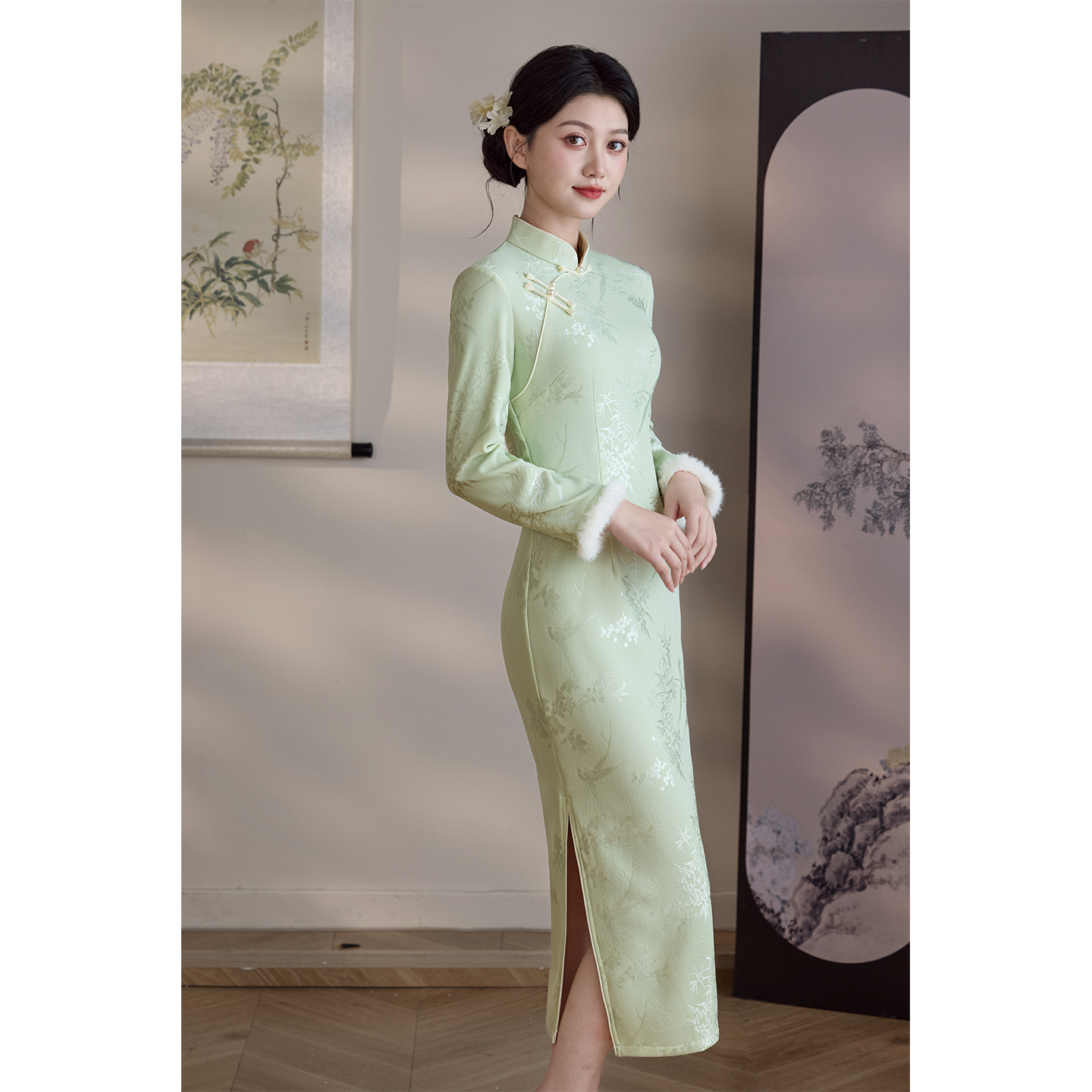 绿色冬季复古可以上班穿的旗袍女