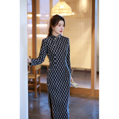 民国风老上海长款格子旗袍