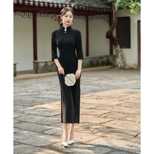 黑色长袖秋冬可以上班穿的旗袍2025新款改良绝美新中式妈妈连衣裙