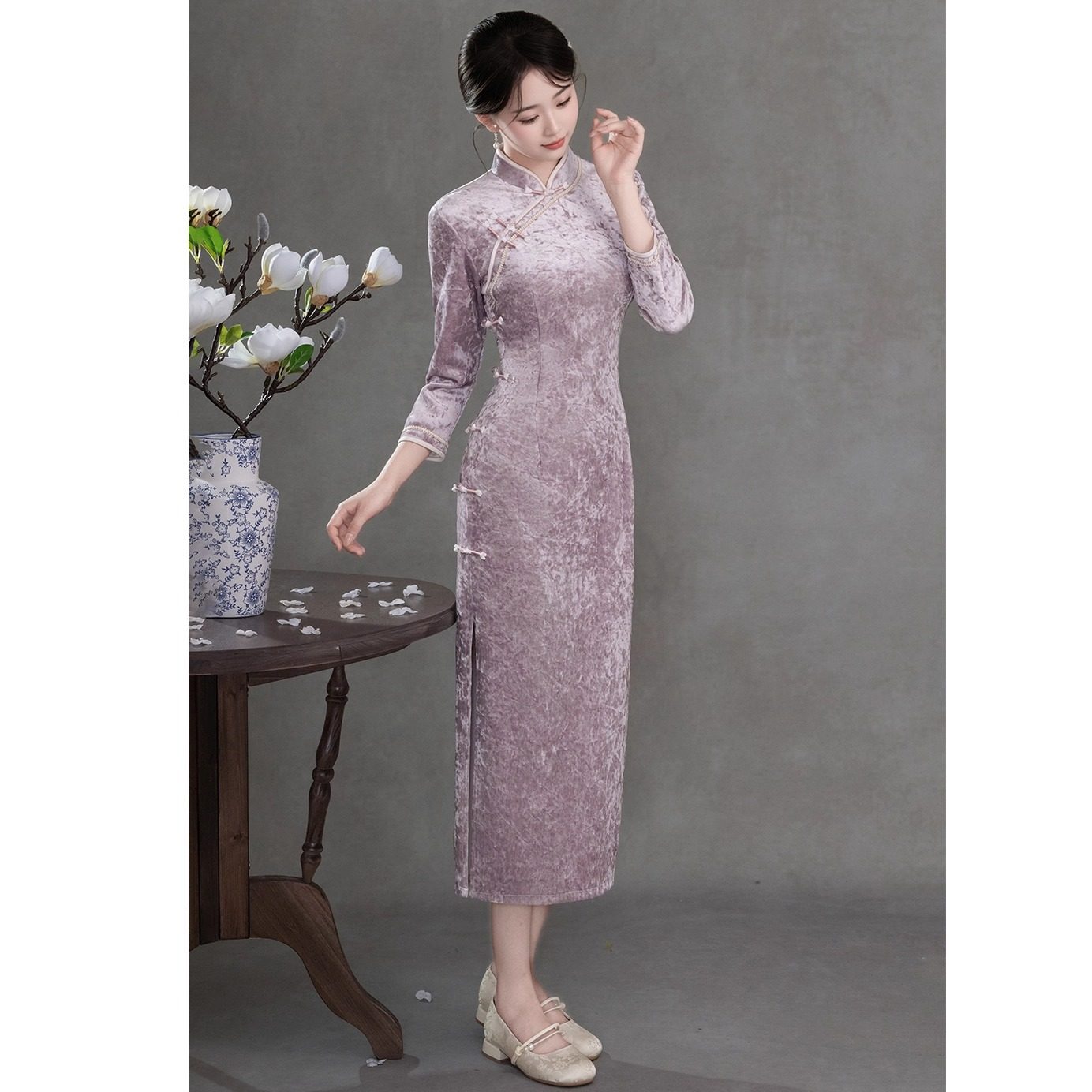 丝绒扎染旗袍秋季2025新款女七分袖复古新中式国风连衣裙大码长款
