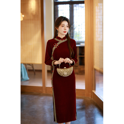 红色旗袍长袖喜婆婆婚宴装