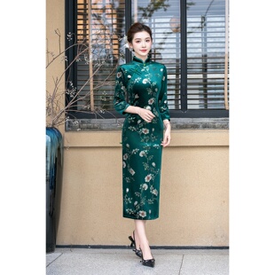 复古中国风中长七分袖丝绒旗袍 2026秋新款修身印花妈妈旗袍女装