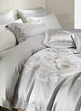 欧式奢华长绒棉刺绣四件套140S全棉纯棉床单被套白色轻奢床上用品