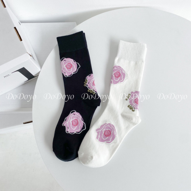 洞洞妖 春夏秋款鸡蛋花袜子女卡通花朵黑白色纯棉INS潮百搭中筒袜