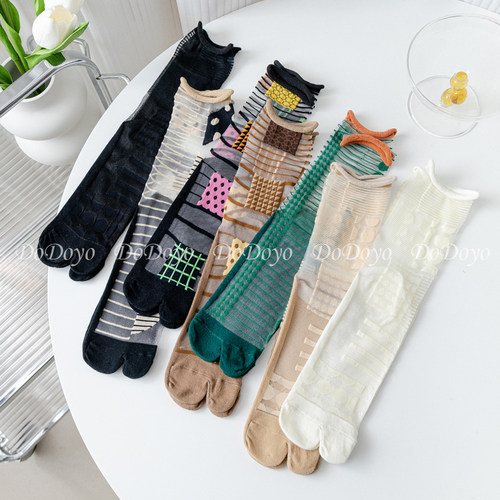 洞洞妖玻璃丝女棉底透明分趾袜