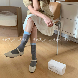 洞洞妖 拼接双罗口小腿袜女春夏薄款中长筒及膝棉INS潮日系堆堆袜
