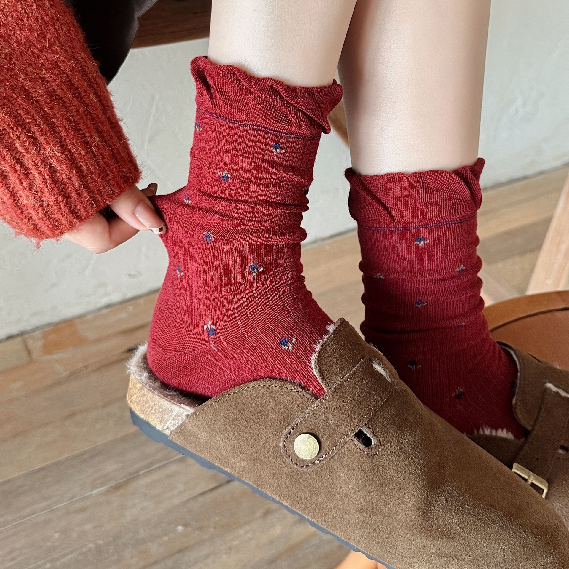 复古小花红色袜子女秋冬新年