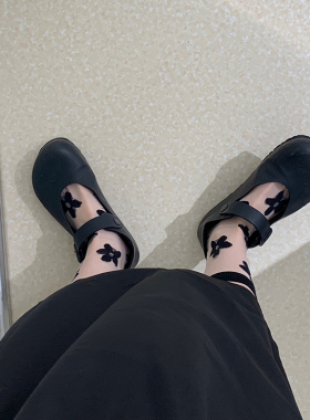 洞洞妖 黑色花朵透明袜子女夏季超薄小花水晶玻璃丝网红INS潮中筒