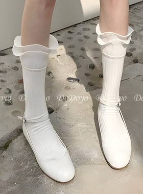 洞洞妖 白色芭蕾风双层荷叶边袜子女中筒夏季薄款褶皱小腿堆堆袜