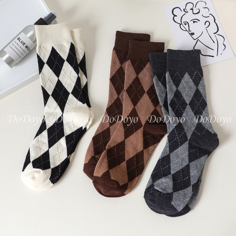 洞洞菱格袜子纯棉ins外穿棋盘格