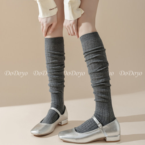 DODOYO灰色竖条过膝袜女