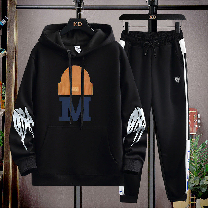 嘻哈风连帽卫衣男潮流印花休闲套装青少年宽松百搭帅气上衣中学生