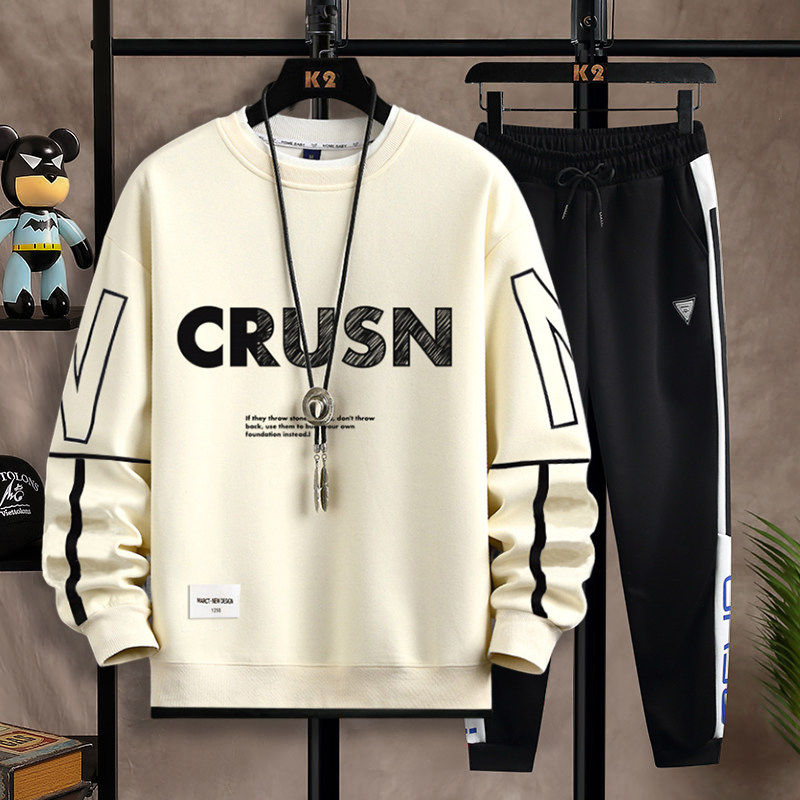 休闲风圆领卫衣套装男青少年字母印花长袖潮流搭配上衣男大童套头,男装,卫衣,淘宝优惠券,粉丝福利购,淘宝优惠卷