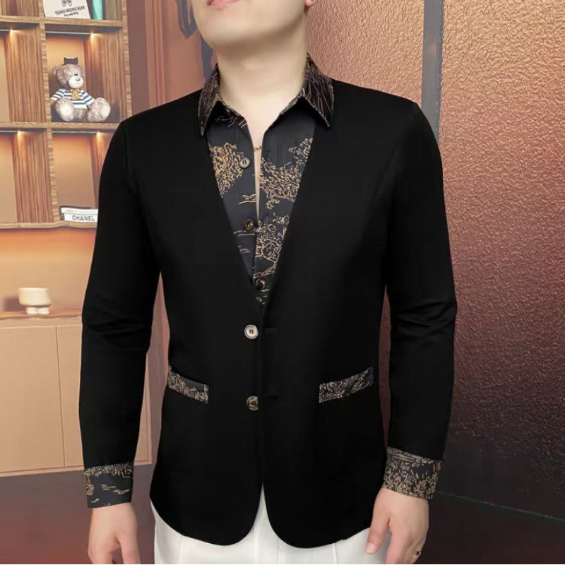欧洲站男士黑色假两件衬衫领卫衣