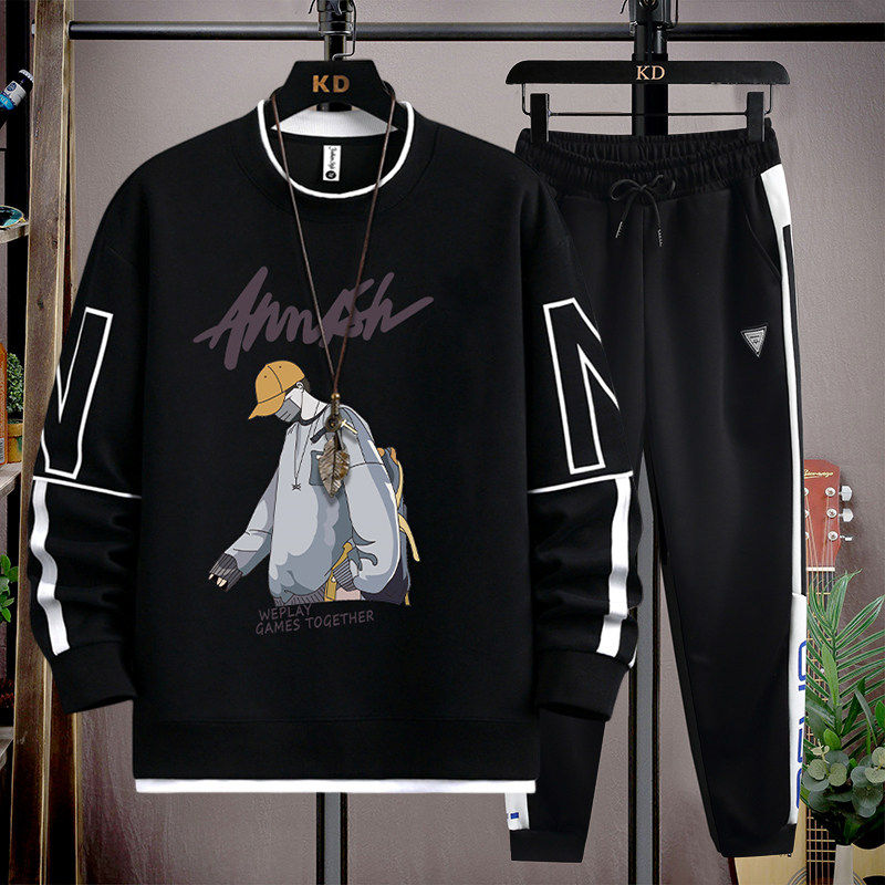 休闲风印花圆领卫衣男套装青少年宽松潮流纯棉长袖上衣黑色两件套