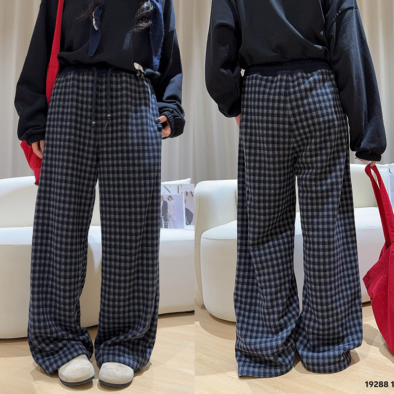 天依角男女童一体绒直筒格子裤