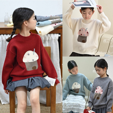 贝柏童装2025秋冬新款男女童卡通蘑菇钩花针织毛衣羊绒上衣1561