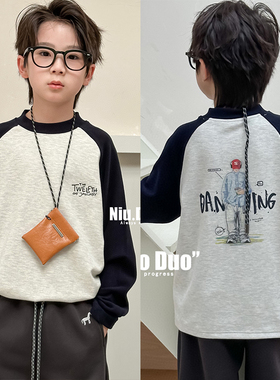牛哆哆2025冬季新款男女童学院风撞色插肩袖T恤儿童打底衫潮29080