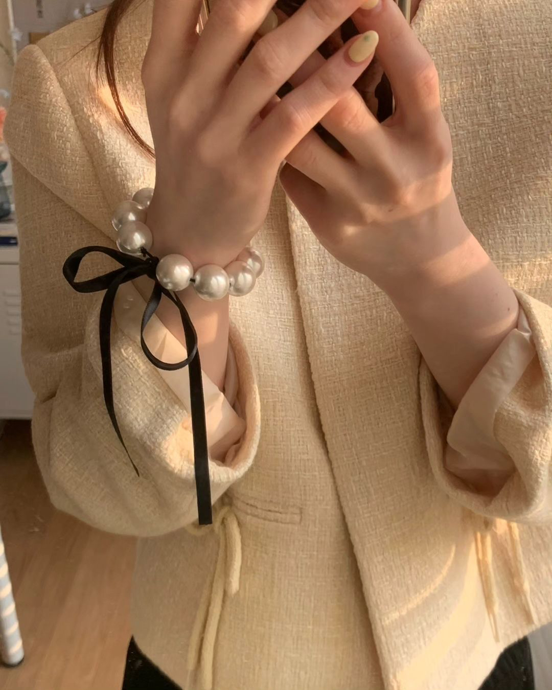 韩国~EARLOBE东大门女珍珠手链 24年新款时尚首饰发带蝴蝶结丝带