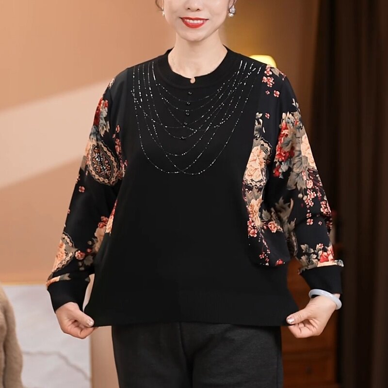 妈妈春装2026新款长袖打底衫50岁60春秋大码洋气针织显瘦内搭拼色图片