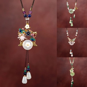 小众设计手工民族风水晶玉石长款 项链复古简约百搭毛衣链高档挂饰