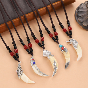 复古编织民族风狗牙项链男女长款小众个性狼牙吊坠挂件毛衣链配饰