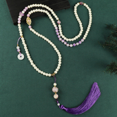 新中式 国风琉璃串珠斜挎链高级感长款 绿檀木流苏项链毛衣链配饰女