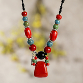 复古民族风陶瓷项链女简约锁骨链百搭红色吊坠长款 毛衣链挂件配饰