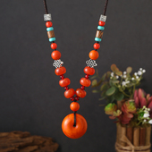 民族风仿老蜜蜡项链平安扣吊坠锁骨链女复古长款 毛衣链挂件男配饰