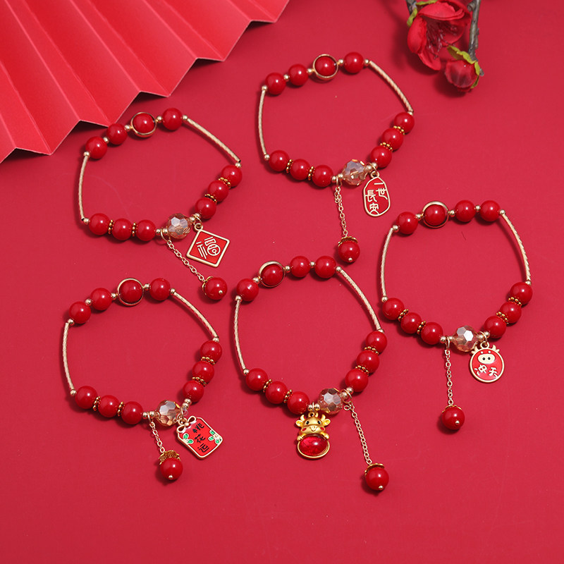 ins小众设计新年精致手链复古红色水晶简约百搭学生创意圆手串女