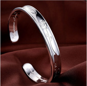 韩版 开口心经男女百搭镯子饰品 简约银色手镯玫瑰花光面手环时尚