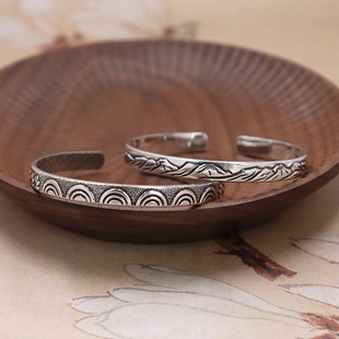 原创山盟海誓复古做旧仿泰银手镯男女情侣百搭简约手环民族风配饰