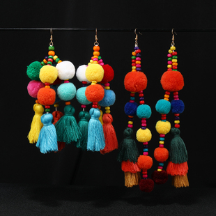 民族风小众个性彩色绒球耳环女复古夸张波西米亚度假长款流苏耳饰