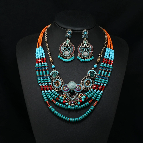 Ретро ожерелье, серьги, этнический комплект, подвеска, аксессуар для волос, европейский стиль, стиль бохо, этнический стиль