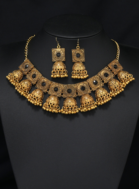 欧美复古个性锁骨链耳环套装女