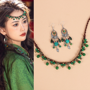 复古民族风绿色玉髓额饰异域风波西米亚额头链森系流苏耳环头饰女