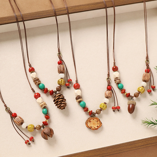 原创设计植物果实项链编织橡果长款文艺民族风毛衣链女新中式配饰