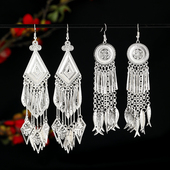 少数民族风苗银流苏耳环复古个性 云南苗族夸张长款 双层耳坠女耳饰