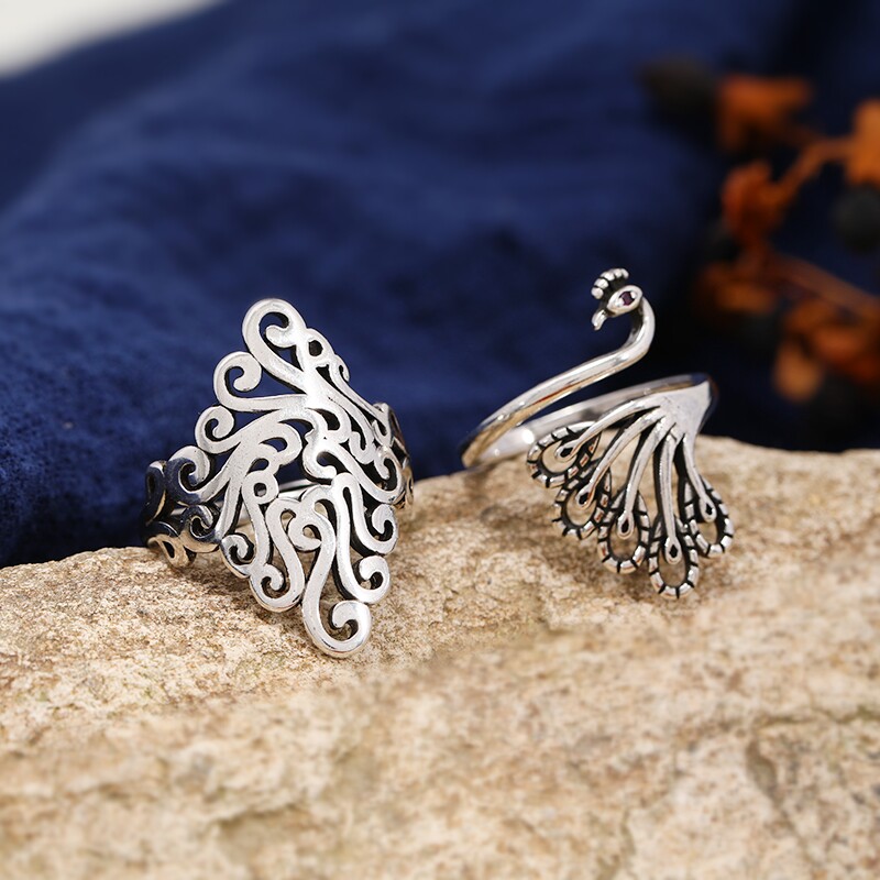 新中式国风复古手工菱形镂空戒指个性民族风简约女泰银指环配饰品