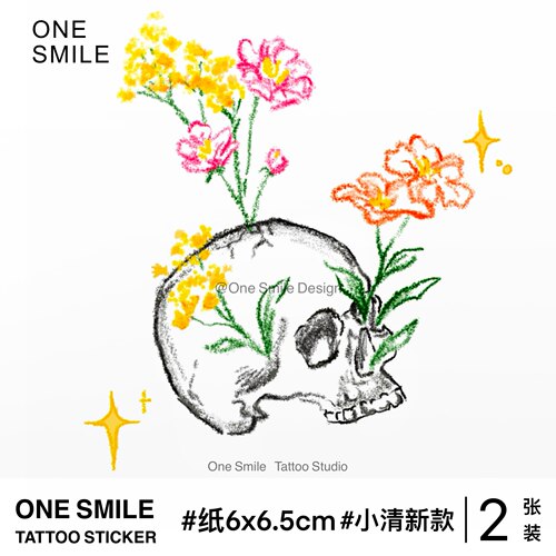 ONESMILE 骷髅鲜花 彩色纹身贴手臂骷髅亚比女朋克音乐节锁骨手腕