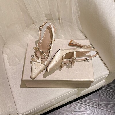 约会高跟鞋搭配裙子气质后空粗跟单鞋女2025年春夏百搭蝴蝶结凉鞋