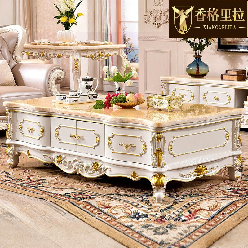 欧式储物茶几美式别墅客厅实木雕花大理石茶柜白色电视柜组合套装