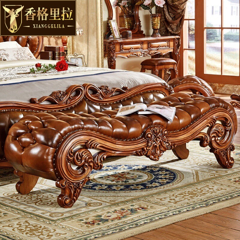 欧式床尾凳 美式奢华卧室实木雕花床前换鞋凳床榻床边沙发长凳