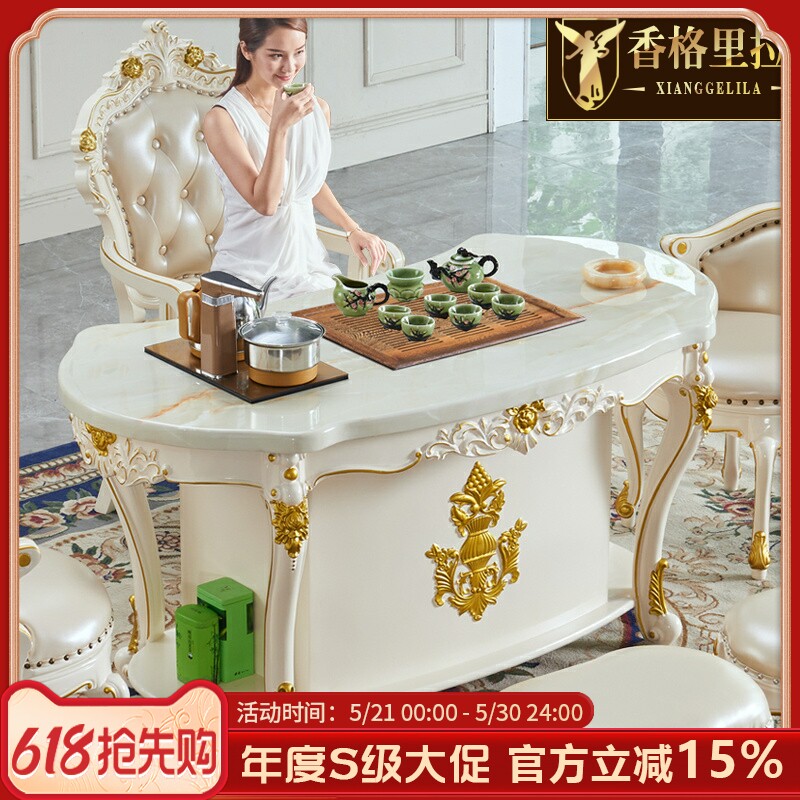 欧式茶桌全实木大理石茶台客厅阳台家用别墅会所茶水桌功夫茶艺桌